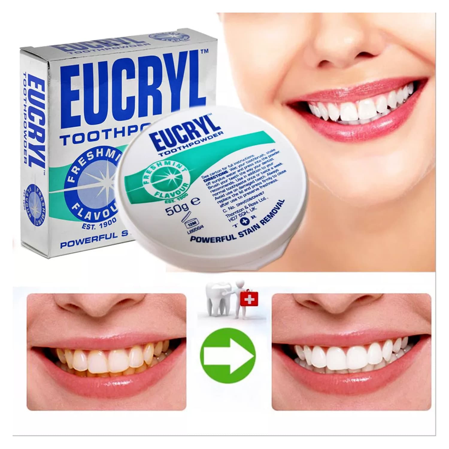 Eucryl Tooth Powder Freshmint Flavour Powerful Stain Removal 50g