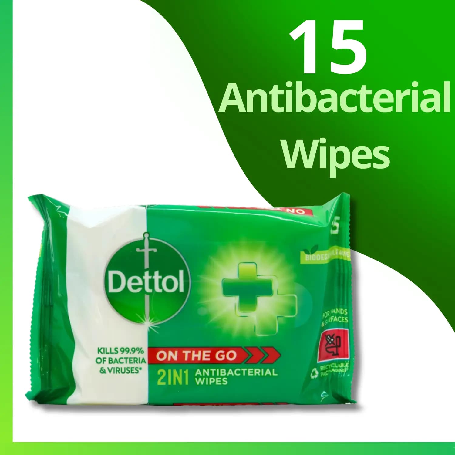 Dettol 2 in 1 Anti-Bacterial For Hands &amp; Surfaces 15 Wipes