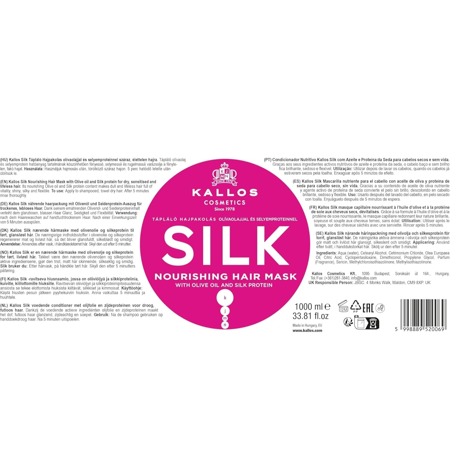 Kallos Silk Hair Mask with Olive Oil &amp; Protein 1000ml