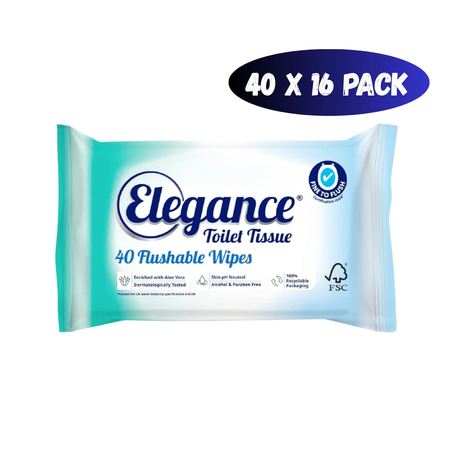Elegance Toilet Tissue Flushable Wet Wipes 40 Count - Pack of 16