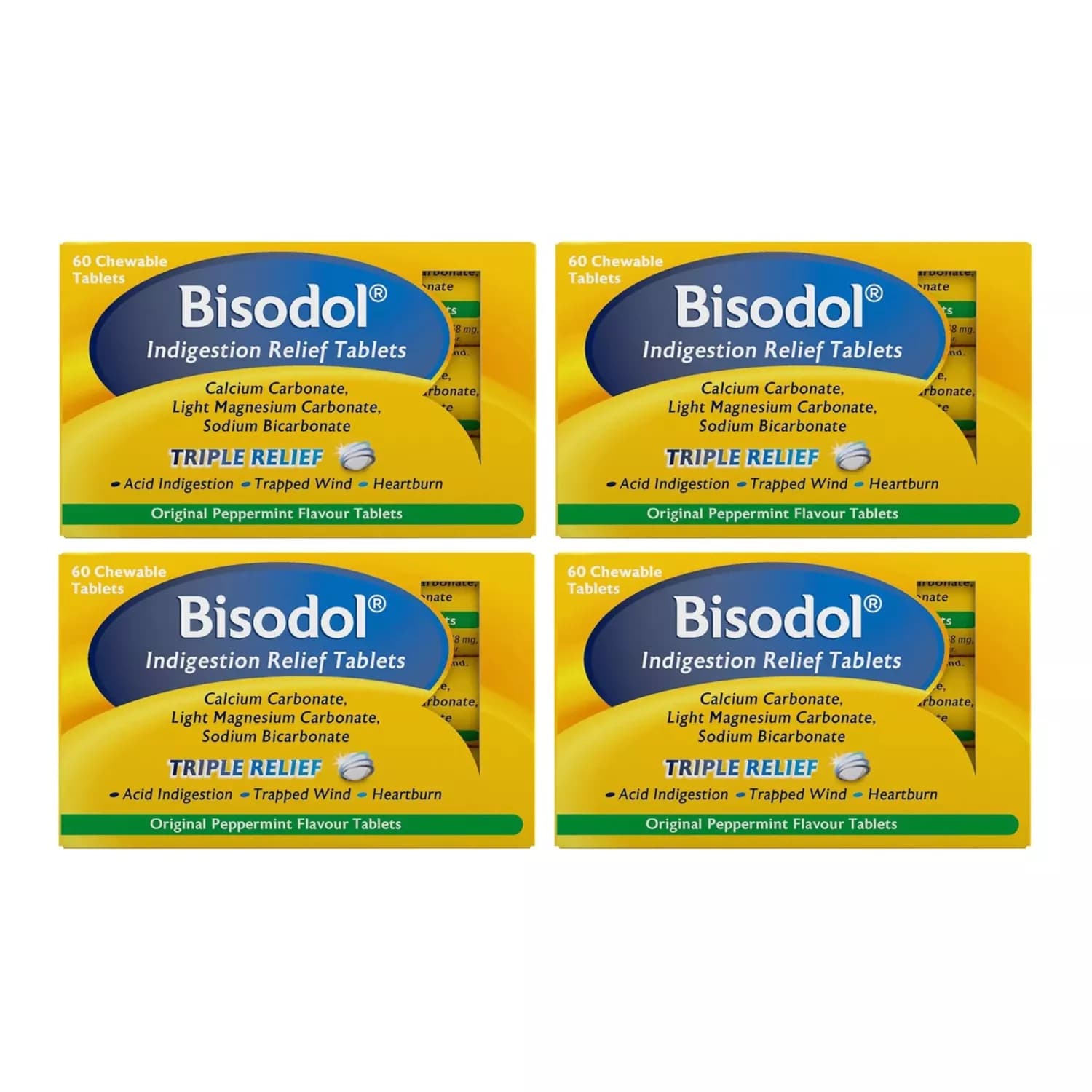 4x Bisodol Original Peppermint Flavour 60 Chewable Tablets
