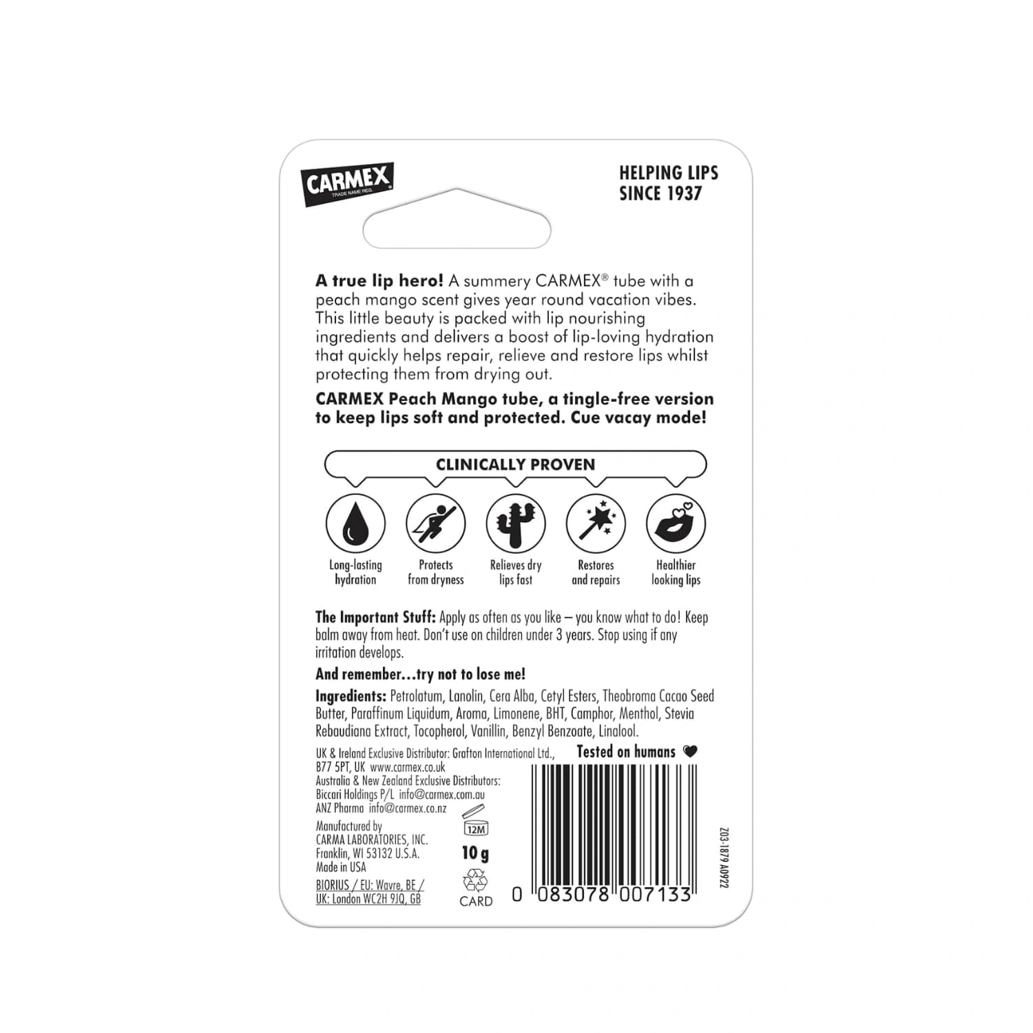 Carmex Peach And Mango Lip Balm 10g Tube