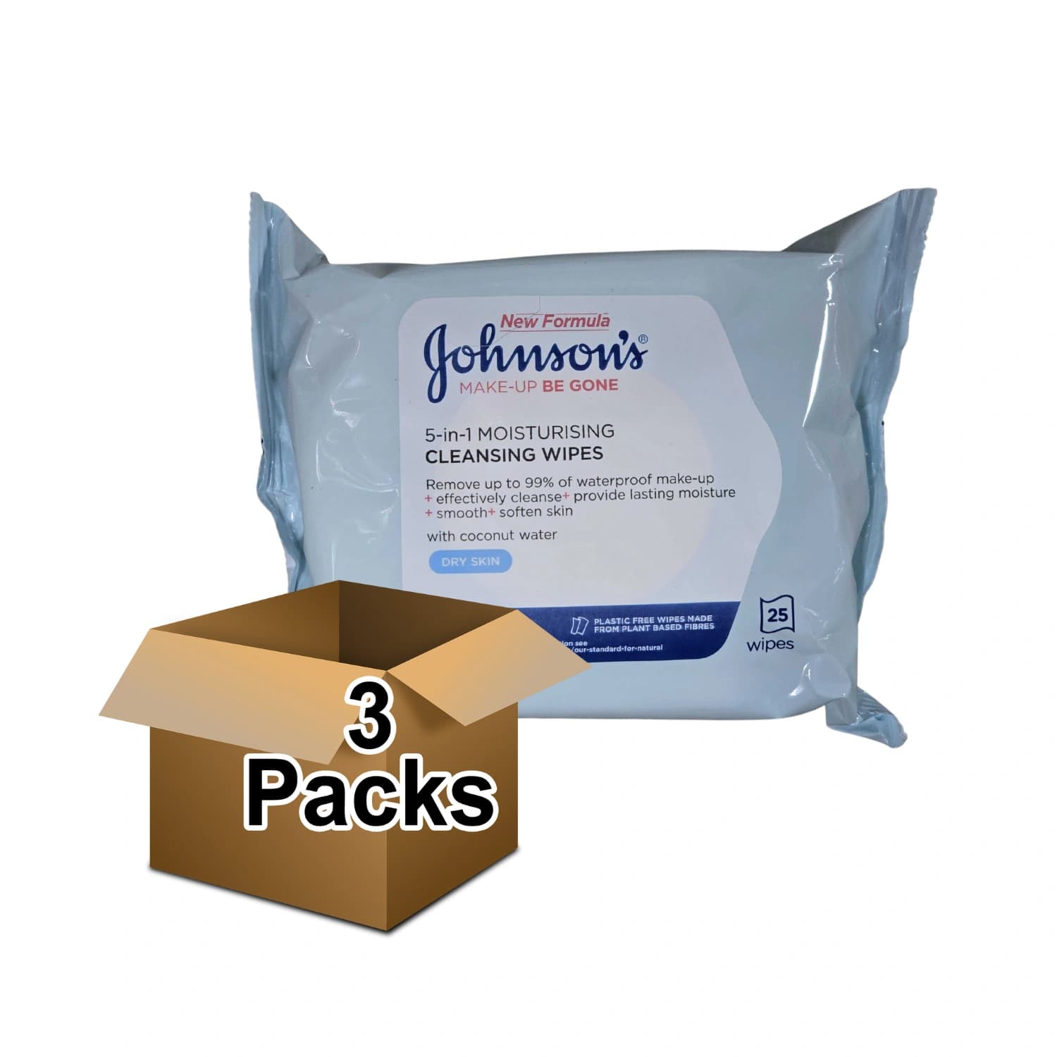 3x Johnson's Makeup Be Gone 5-in-1 Cleansing Wipes Dry Skin 25 Pack