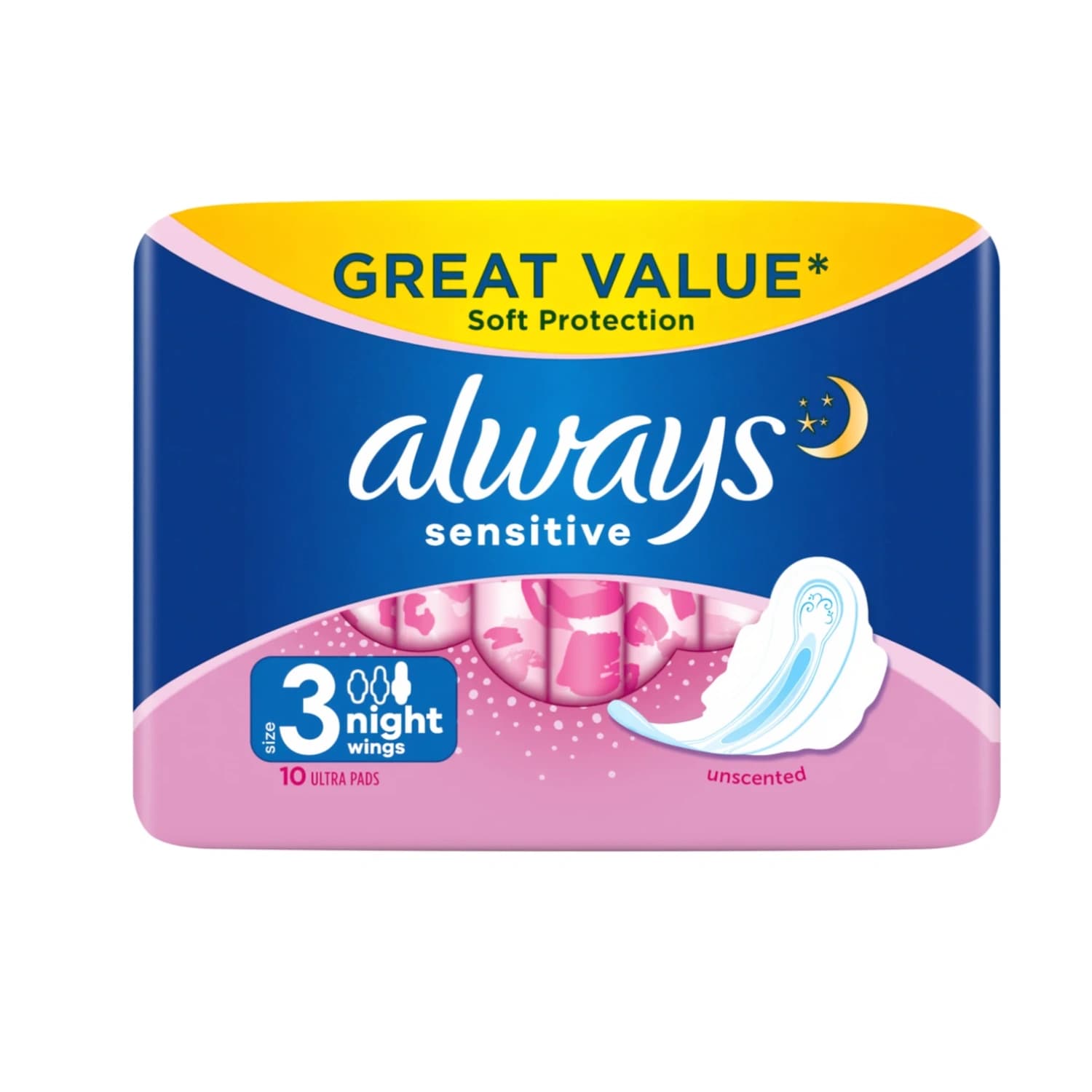 Always Sensitive Night Ultra Size 3 Sanitary Towels Wings 10 Pads