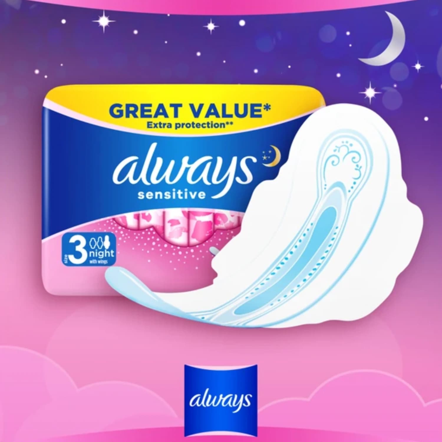 Always Sensitive Night Ultra Size 3 Sanitary Towels Wings 10 Pads
